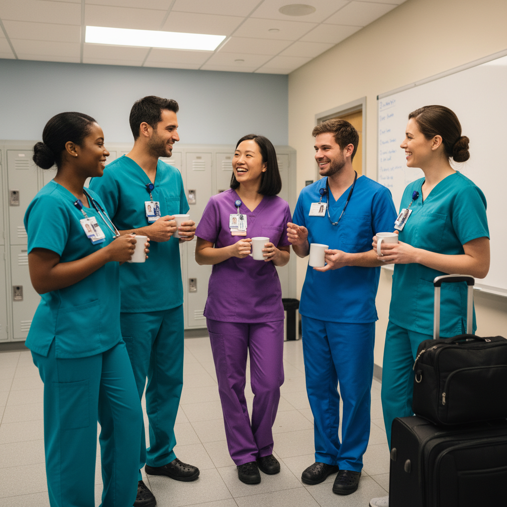 Five travel nurses in scrubs chatting together in hospital break room