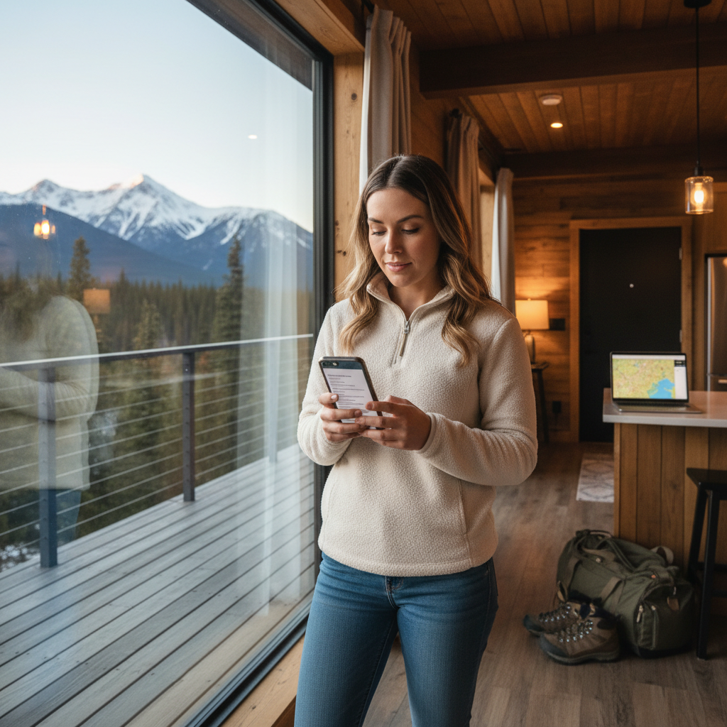 Travel nurse reviewing Alaska contract on phone in mountain-view apartment