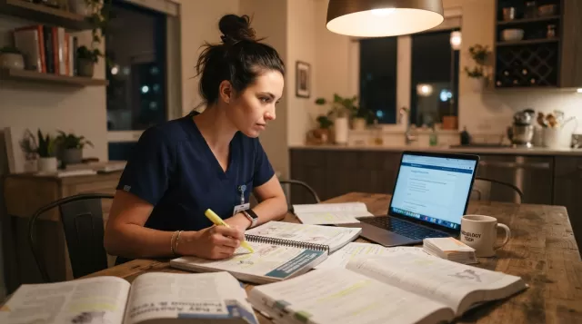 Radiology technologist studying ARRT specialty exam materials at home with textbooks and laptop