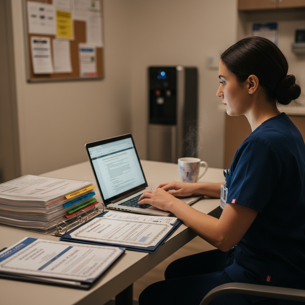 Nurse organizing clinical ladder portfolio documentation at hospital workspace