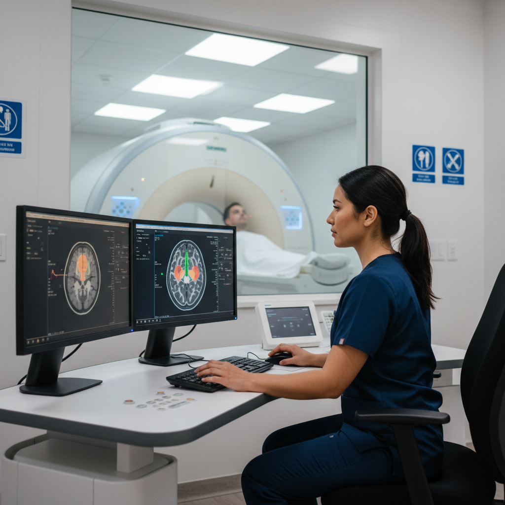 MRI technologist at console reviewing scans with patient in scanner bore visible through window