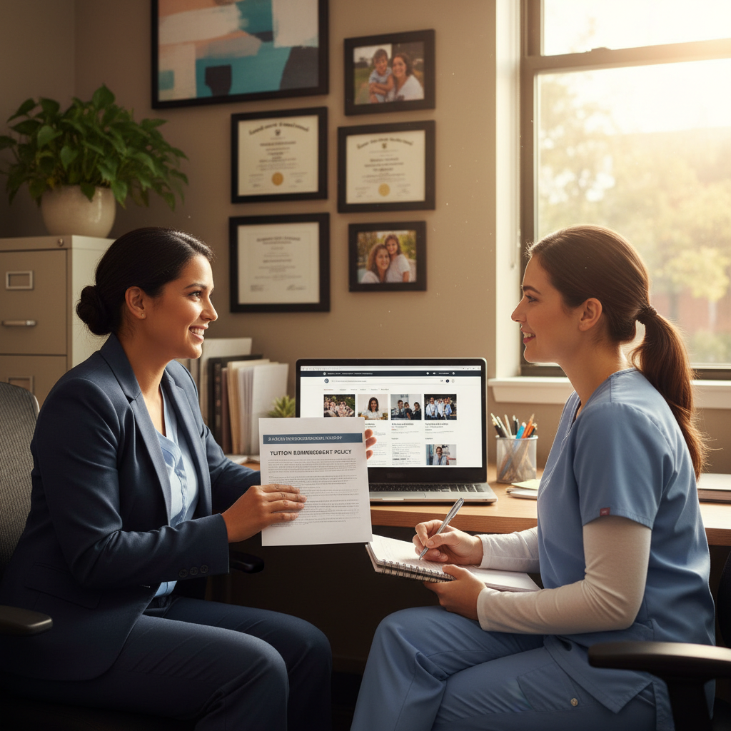 Nurse and manager discussing grad school plans in hospital office