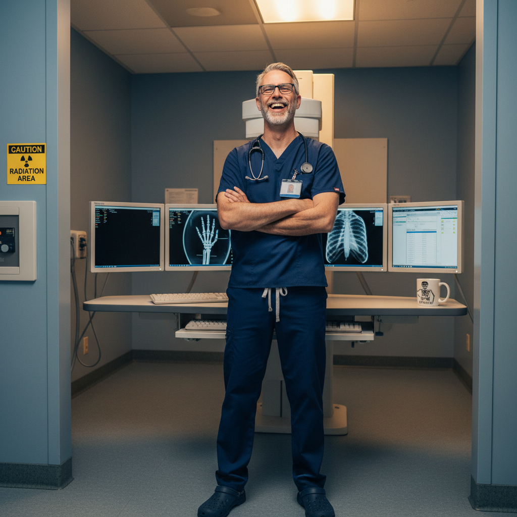 Radiology tech dad smiling in X-ray control room with imaging equipment