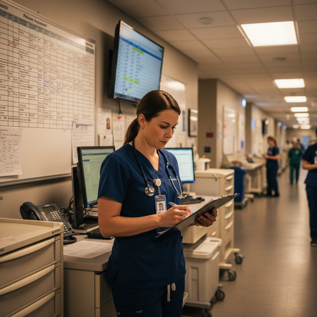 Registered nurse reviewing patient assignments at hospital nurses station during shift change