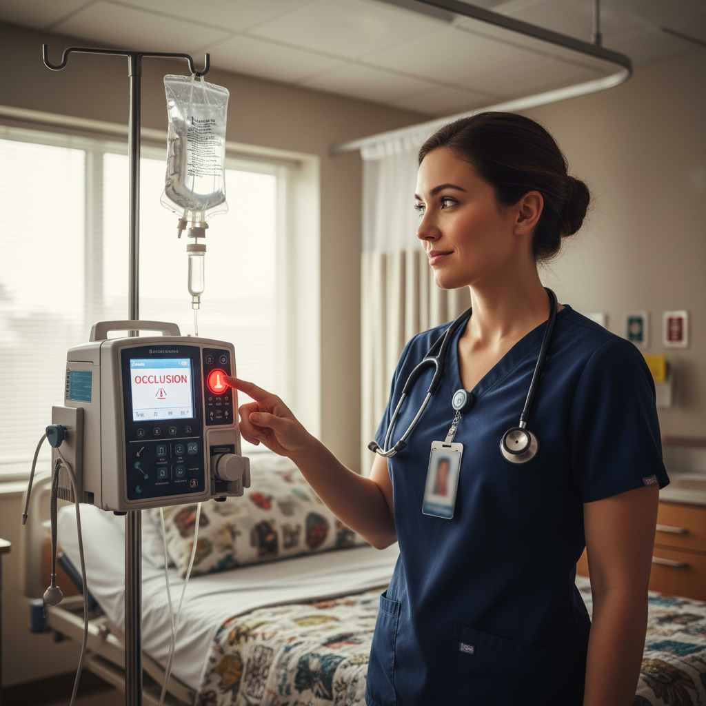 Nurse silencing IV pump alarm at hospital bedside during shift
