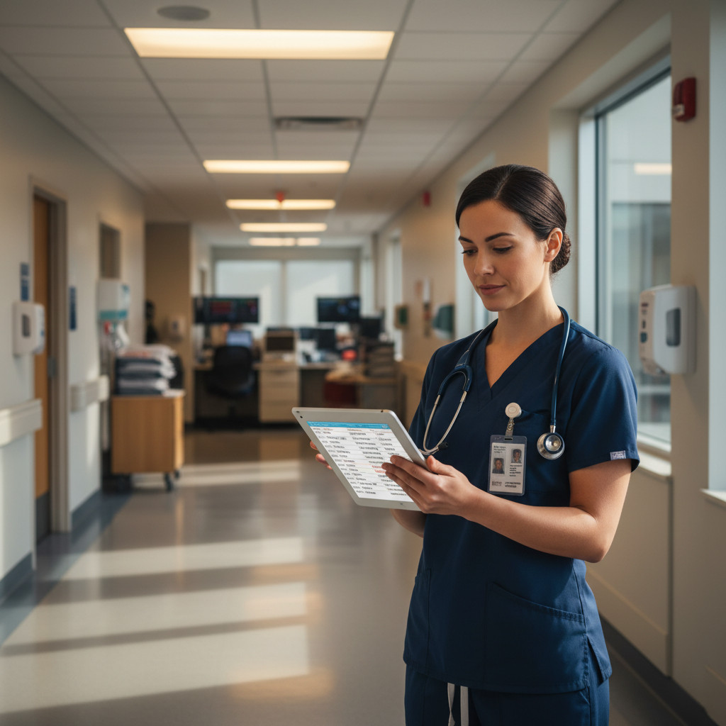 Registered nurse reviewing staffing schedules on tablet in hospital hallway