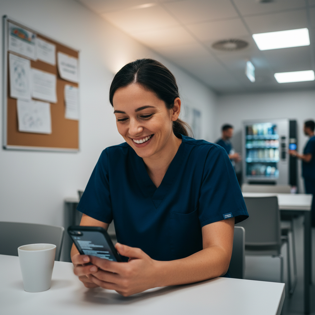 Nurse in scrubs smiling while texting on smartphone during hospital break