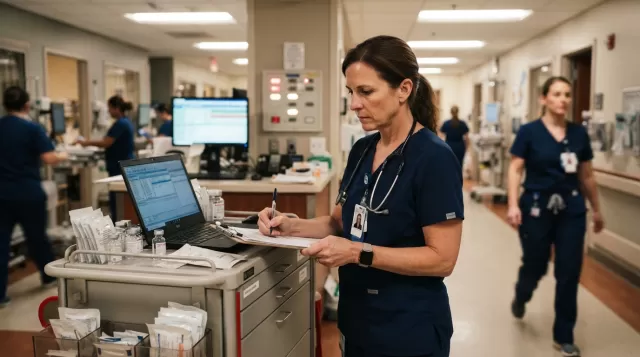 Nurse documenting assignment details at busy hospital station during high-acuity shift