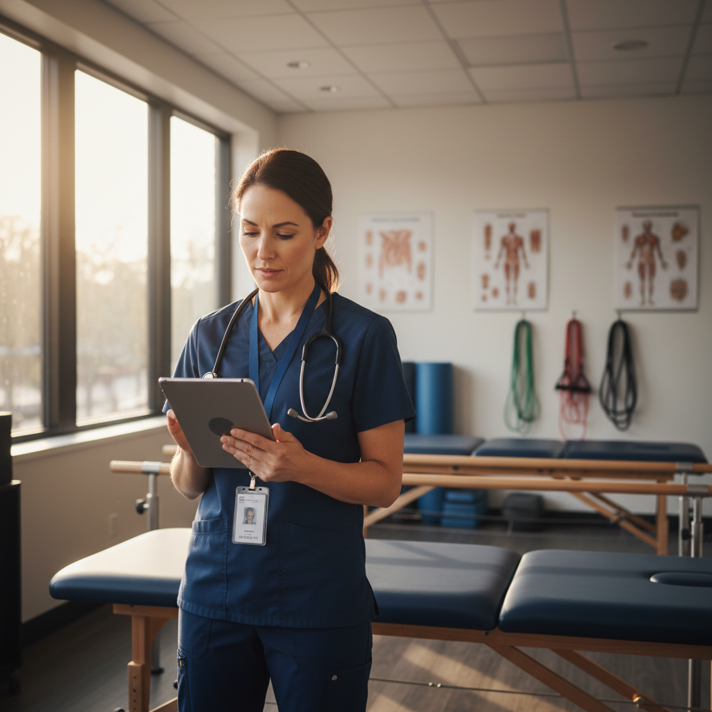 Physical therapist reviewing patient schedule on tablet in outpatient orthopedic clinic treatment room