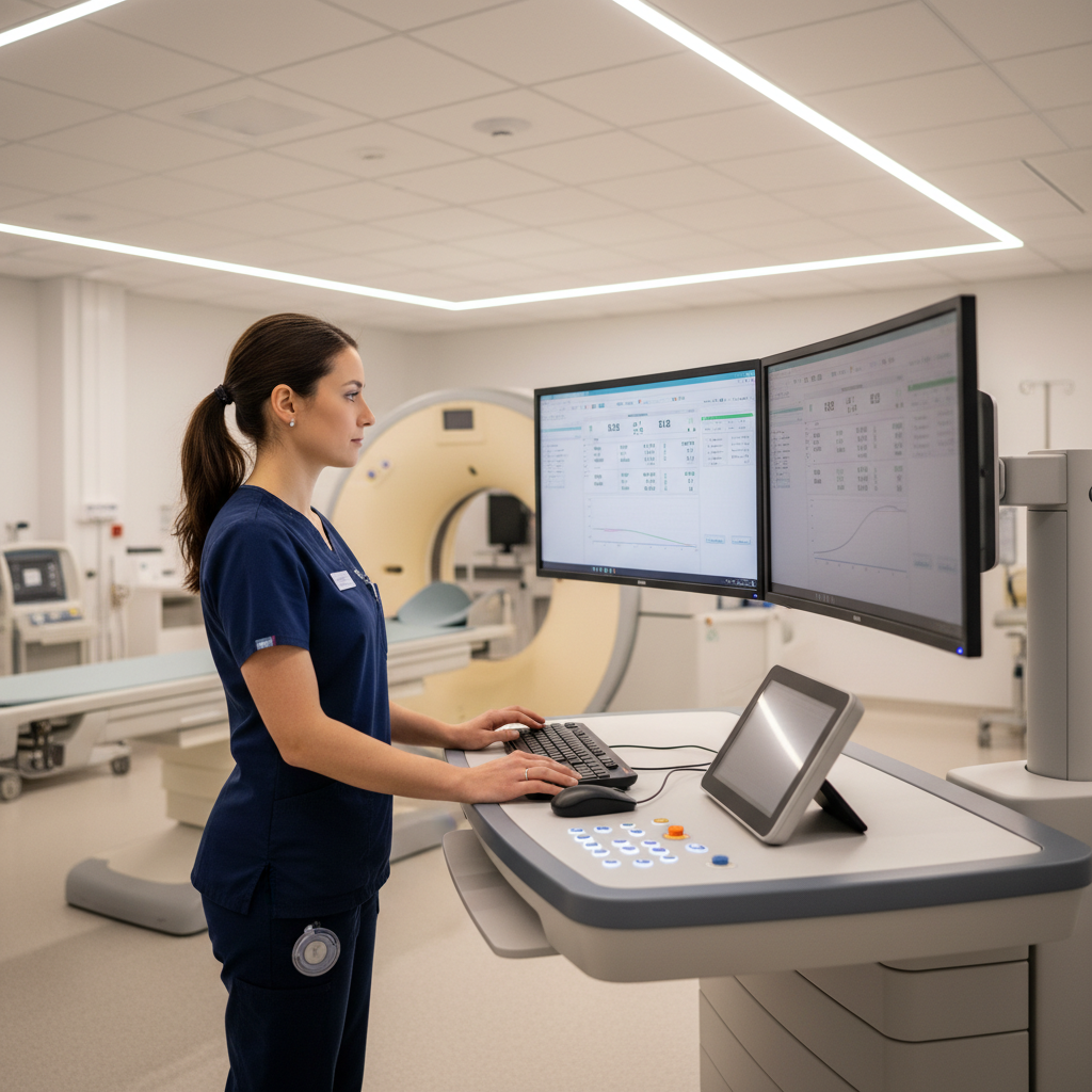 Radiology technologist reviewing radiation dose tracking software at CT scanner console