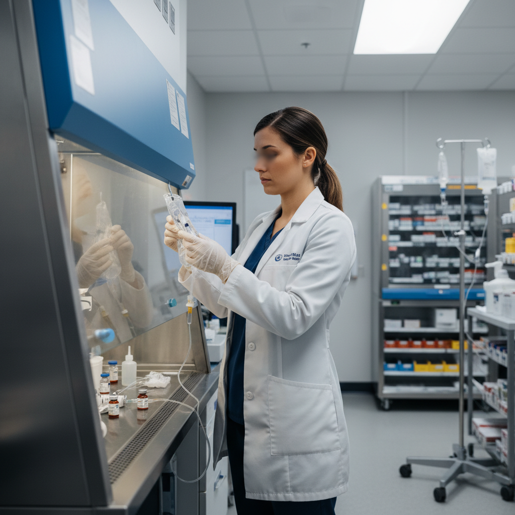 Hospital pharmacy technician preparing IV medication in sterile compounding area