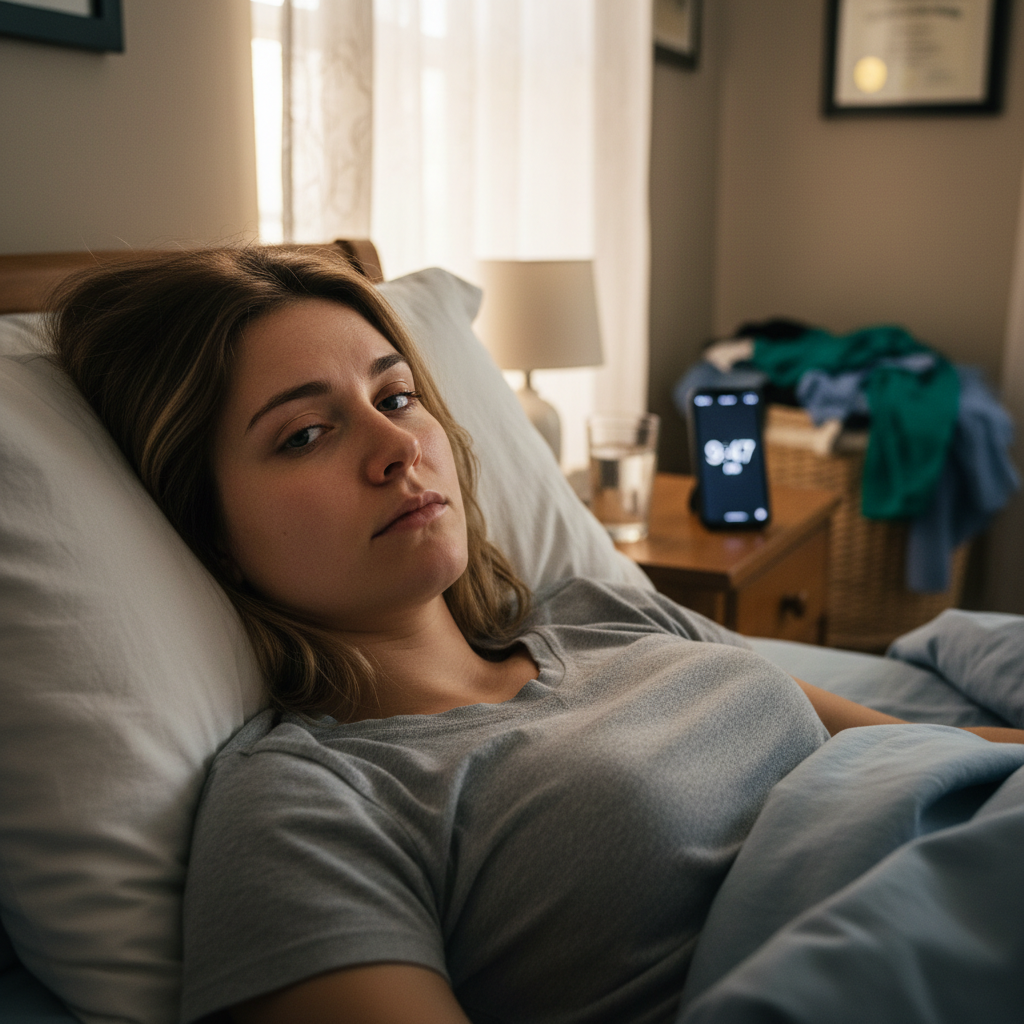 Exhausted nurse lying in bed unable to get up on Saturday morning, natural light, realistic burnout moment