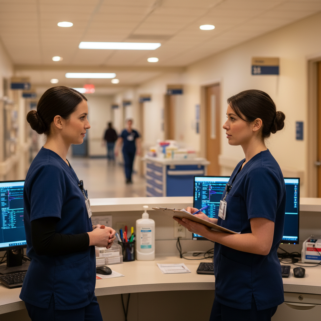 Two nurses conducting SBAR shift handoff at hospital nurses station with clipboard and monitors