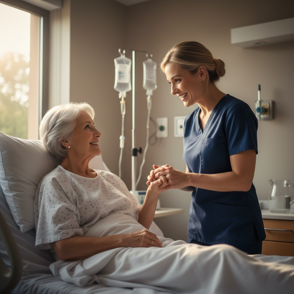 Nurse and patient sharing moment of recognition in hospital room