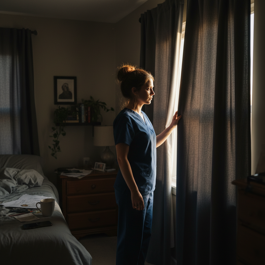 Night shift nurse at bedroom window with blackout curtains as morning sunlight streams in