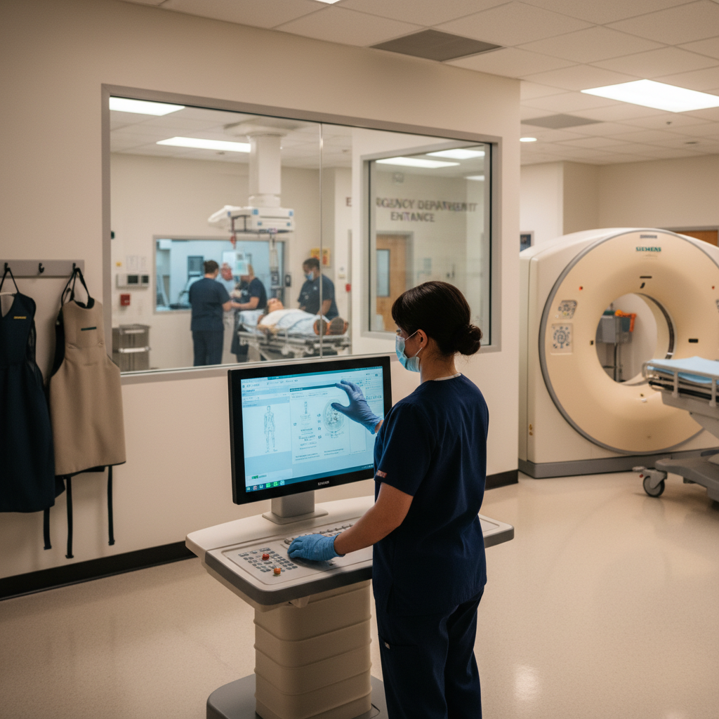 CT technologist operating scanner console during busy trauma shift in hospital emergency radiology department