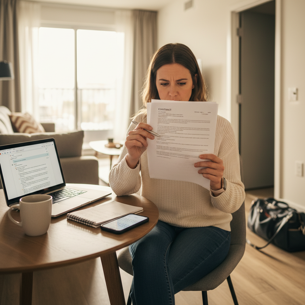 Travel nurse reviewing contract papers at apartment table with laptop