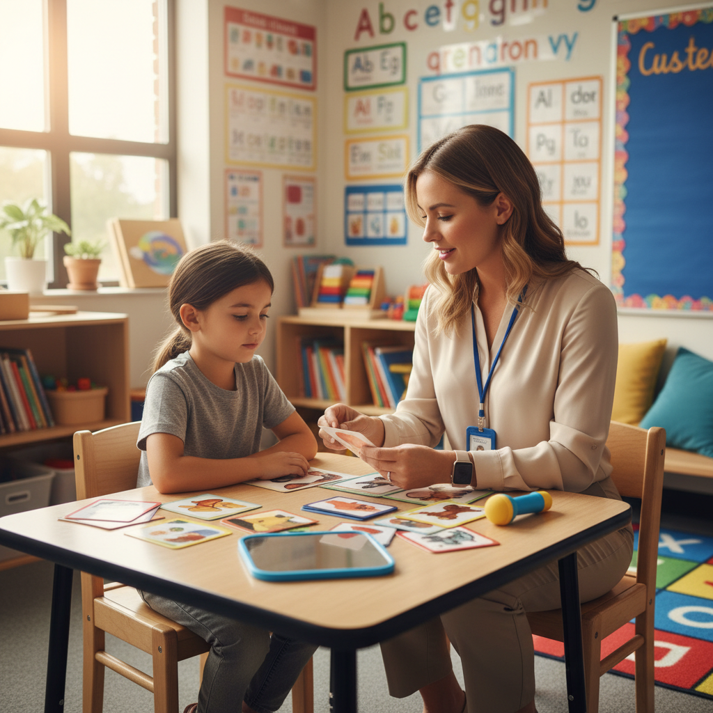 Travel SLP working with student in elementary school therapy room during contract assignment