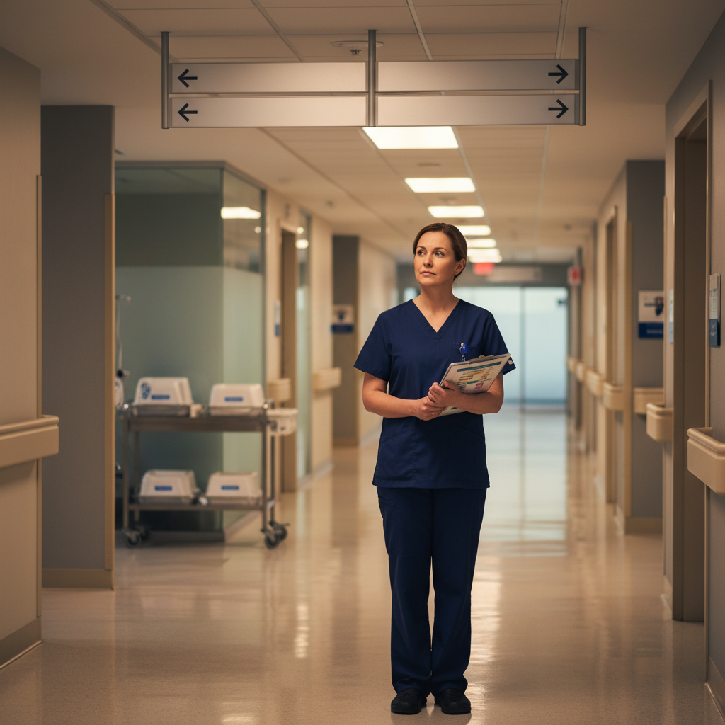 Nurse reviewing specialty options in hospital hallway with directional unit signs