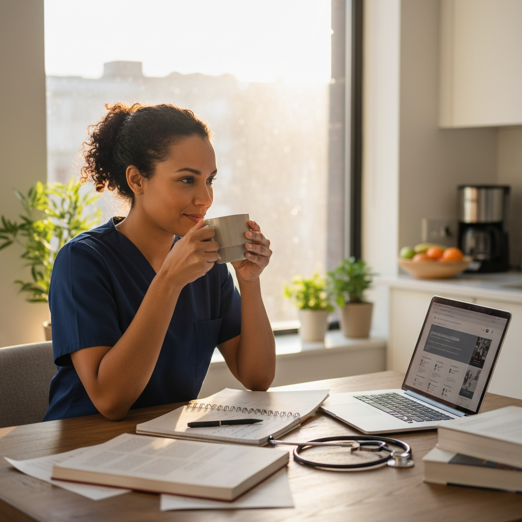 Healthcare professional reviewing continuing education courses on laptop at home with course materials