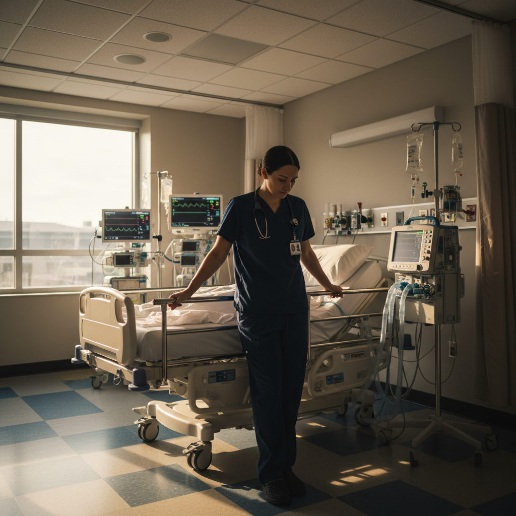 Respiratory therapist in ICU beside ventilator reflecting on difficult patient care moment