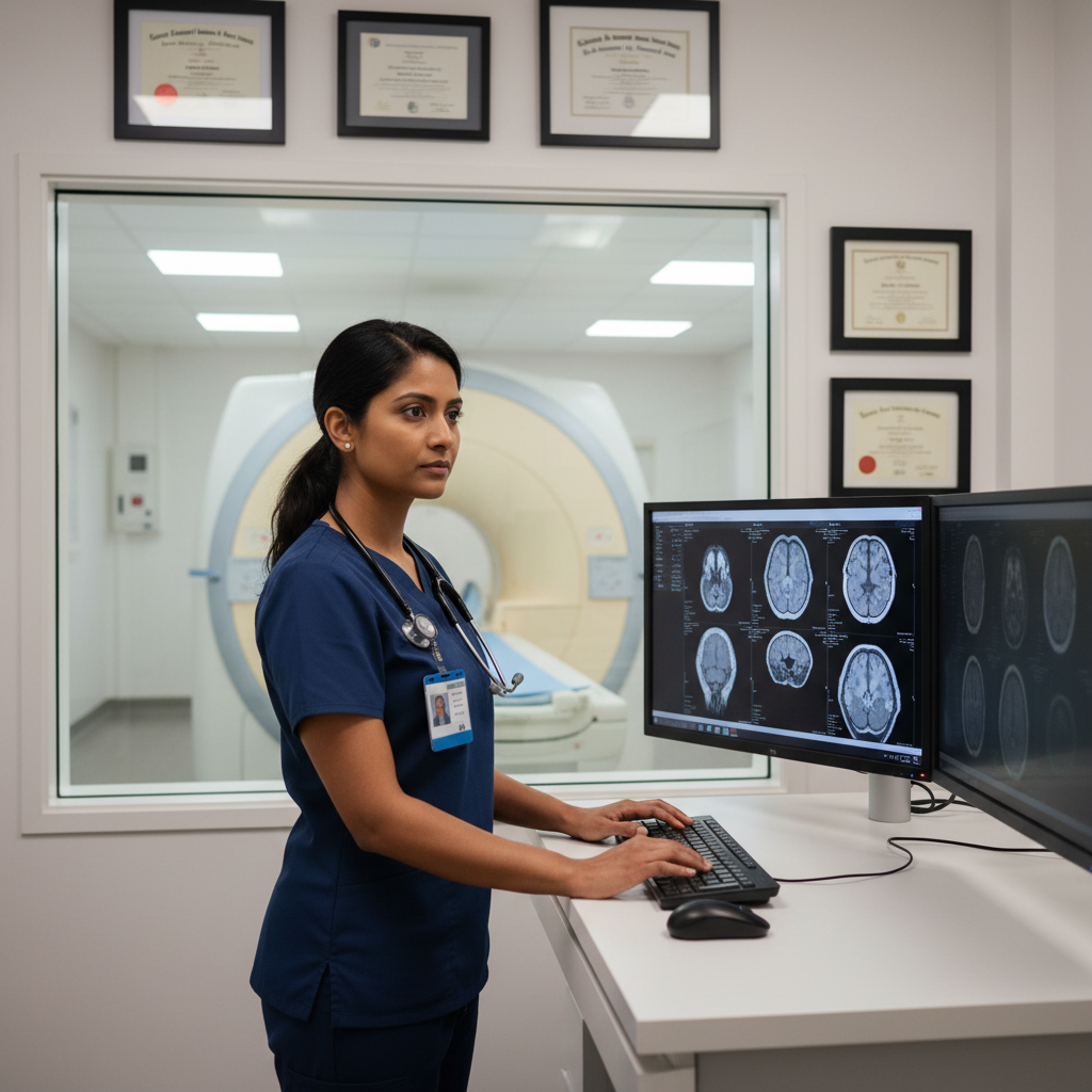 MRI technologist at control console in modern hospital radiology suite