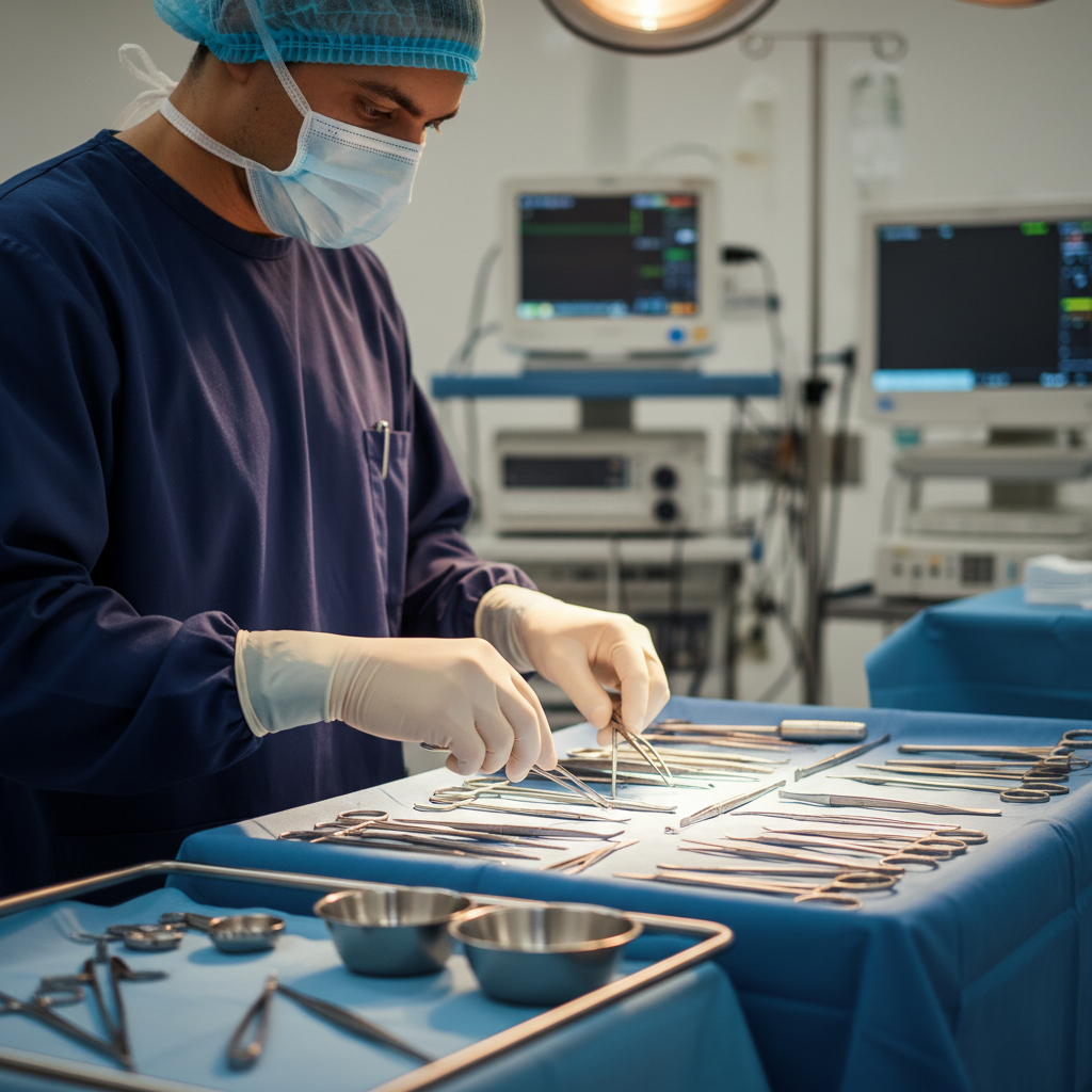 Surgical technologist preparing sterile instruments at Mayo stand in operating room